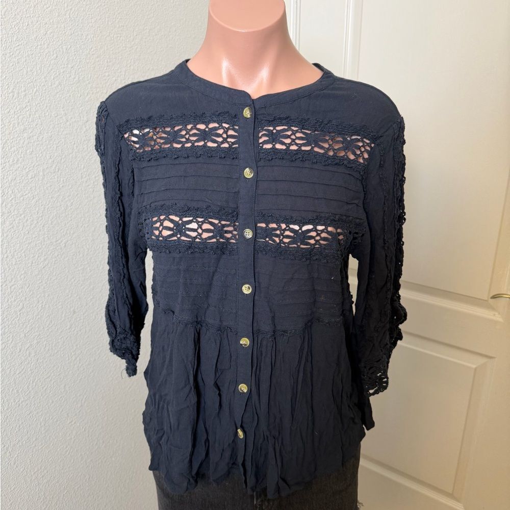 Free People Elegant Black Lace Button-Up Top Sz S
